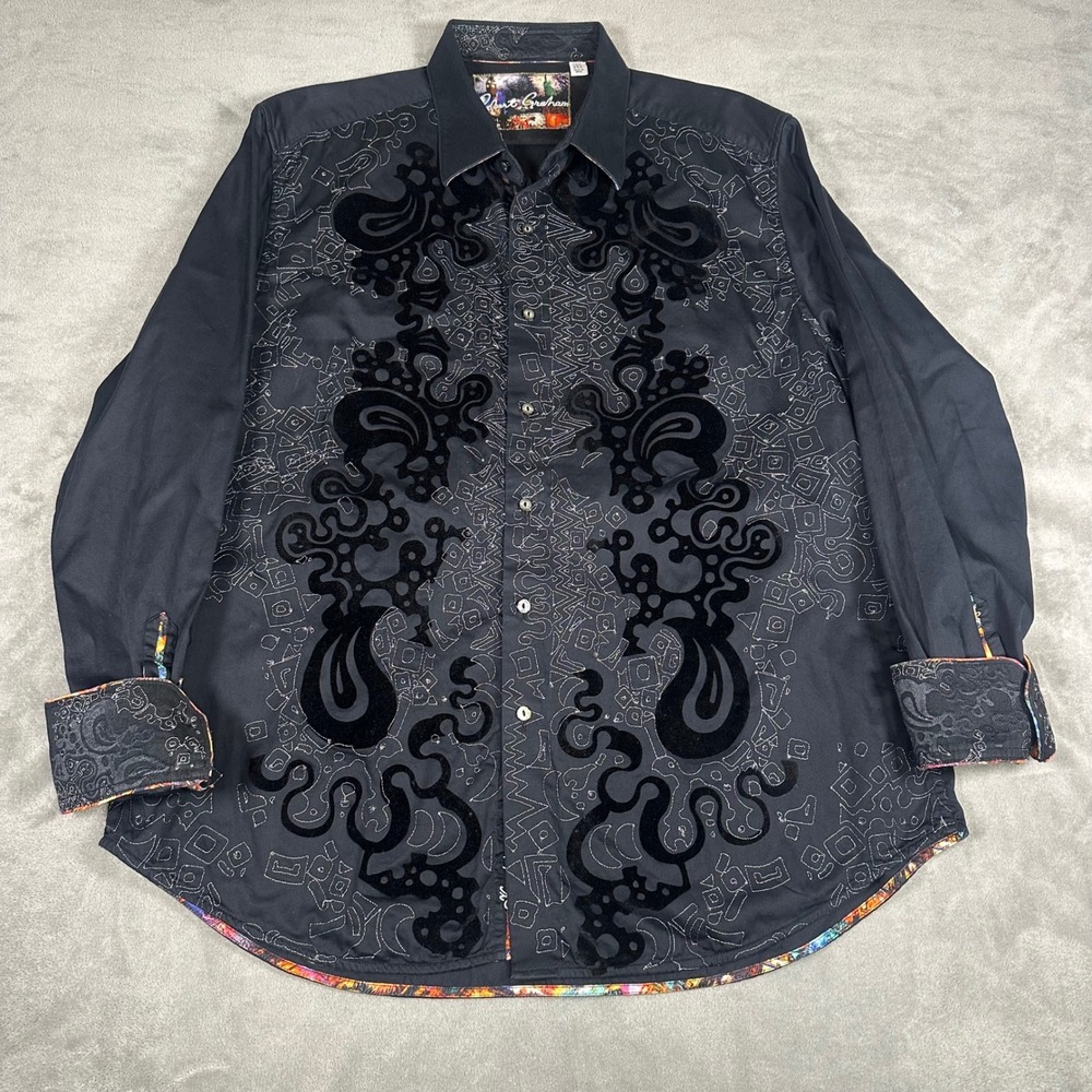 Robert Graham Mens 2XL Black Velvet Paisley Embroidered Button Down Shirt